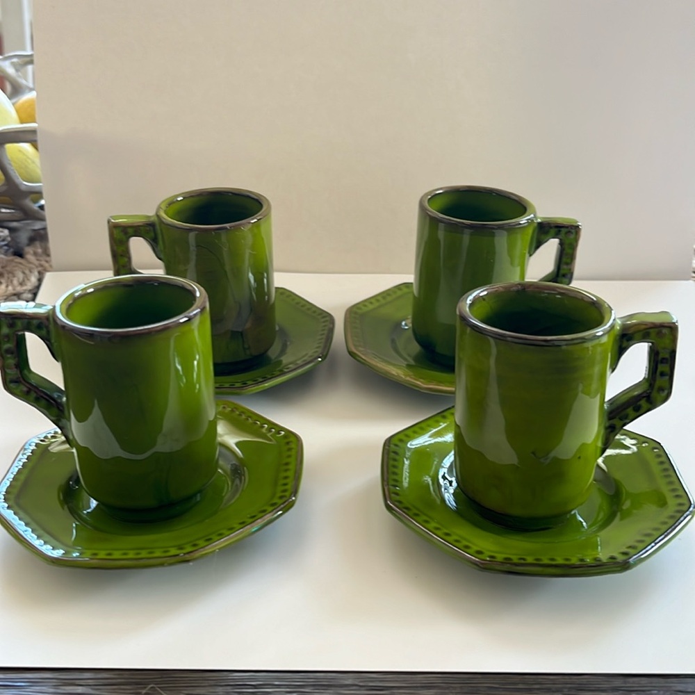 Green Signed PV Pleasant Village Italian Espresso Cups and Saucers - Set of 4